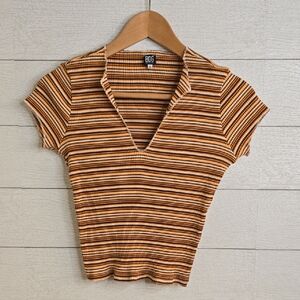 Urban Outfitters Brown Striped V-Neck Tee